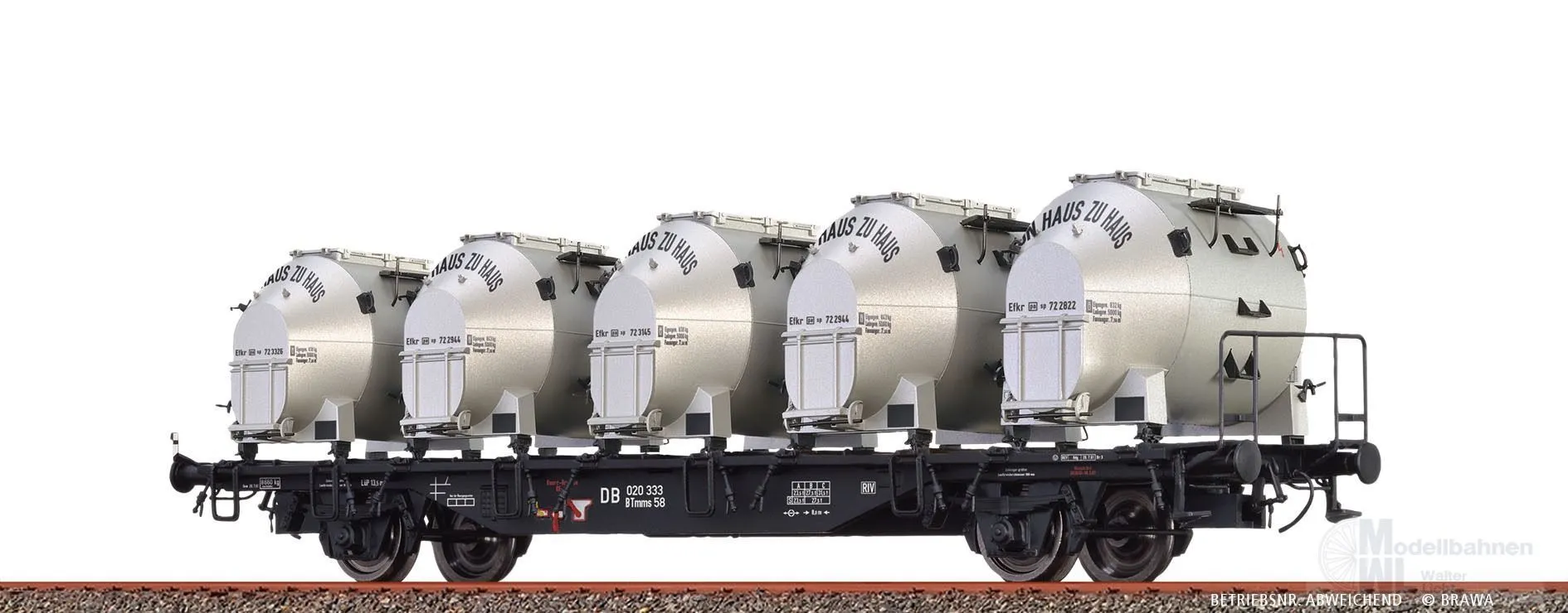 Brawa 49139 - Behältertragwagen DB Ep.III BTmms58 DB, mit Efkr 401 Von Haus zu Haus H0/