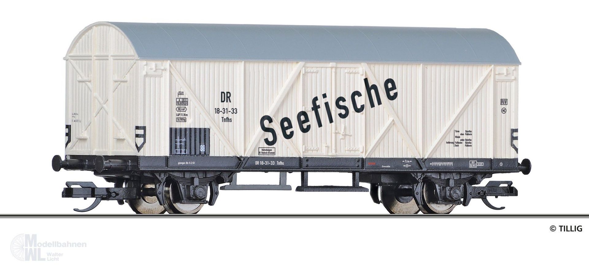 Tillig 17009 - Kühlwagen DR Ep.III Tnfhs Seefische TT 1:120 Tillig 17009 - Kühlwagen DR Ep.III Tnfhs Seefische TT 1:120