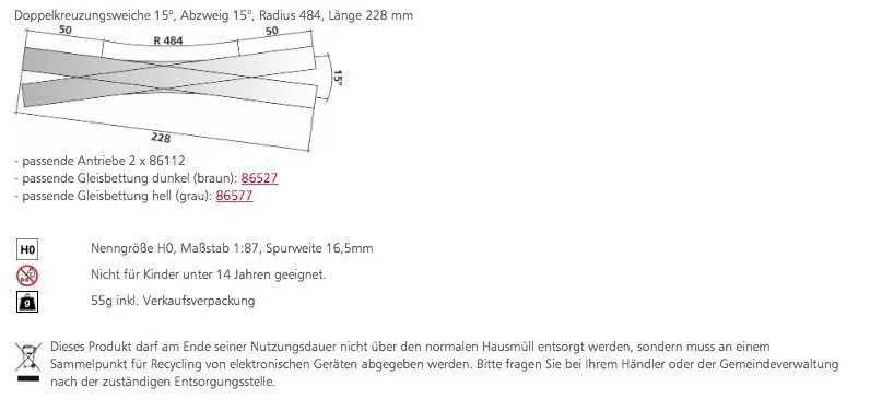 Tillig 85390 - Doppelkreuzungsweiche 15° Länge 228 mm H0/GL