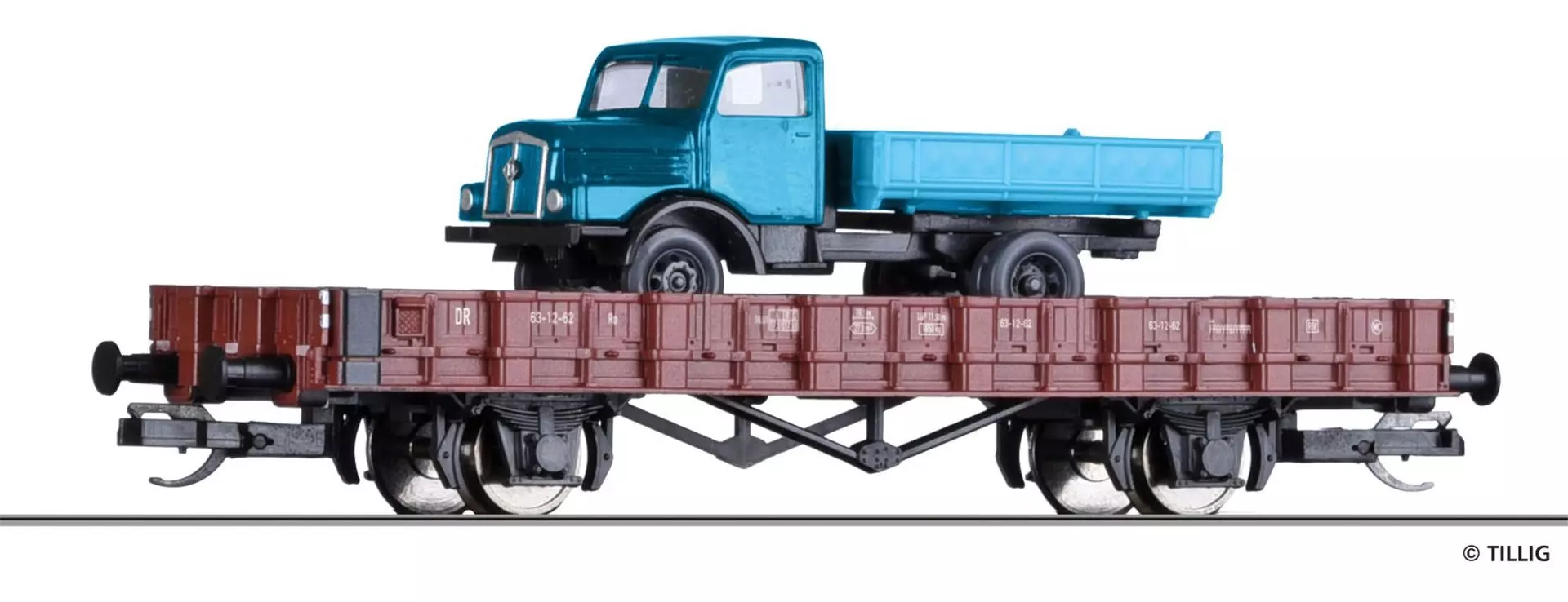 Tillig 14664 - Rungenwagen Ro DR Ep.III beladen mit LKW H3A Kipper TT 1:120