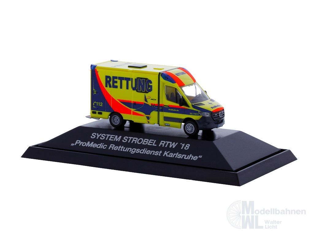 Rietze 76165 - Mercedes-Benz Strobel RTW ´18 ProMedic Rettungsdienst Karlsruhe H0 1:87