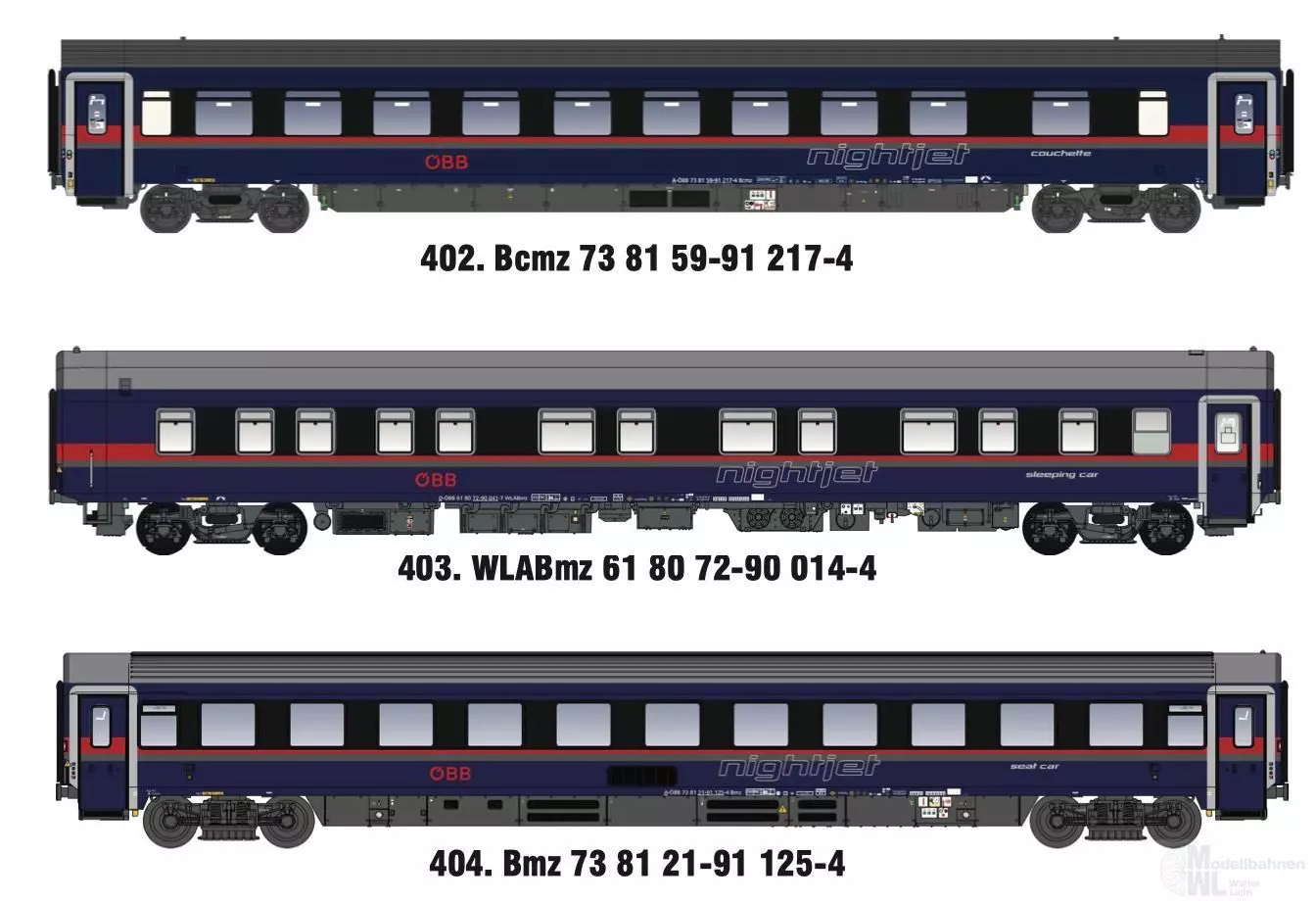 LS Models MW2602AC - Nachtzugwagen Set ÖBB Nightjet Ep.VI DANI 3.tlg. H0/WS
