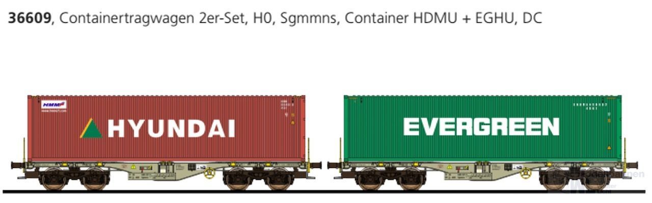 ESU 36609 - Containertragwagen Set D-AAEC Ep.VI Container Hyndai/Evergreen H0/GL