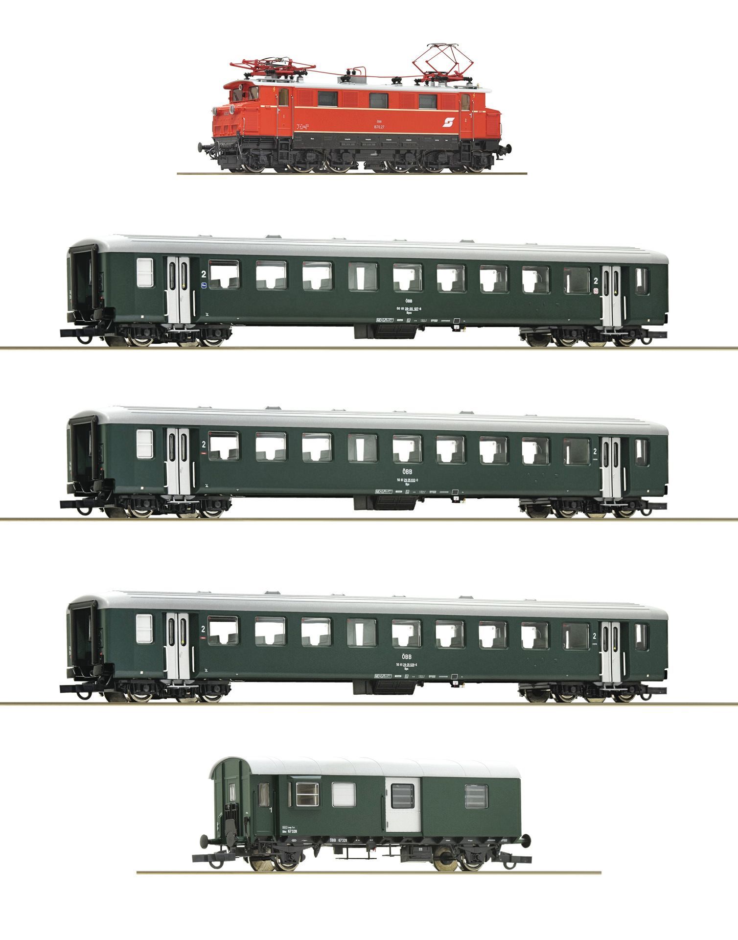 Roco 61493 - Zugset E-Lok Reihe 1670.27 und 4 Wagen ÖBB Ep.IV H0/GL