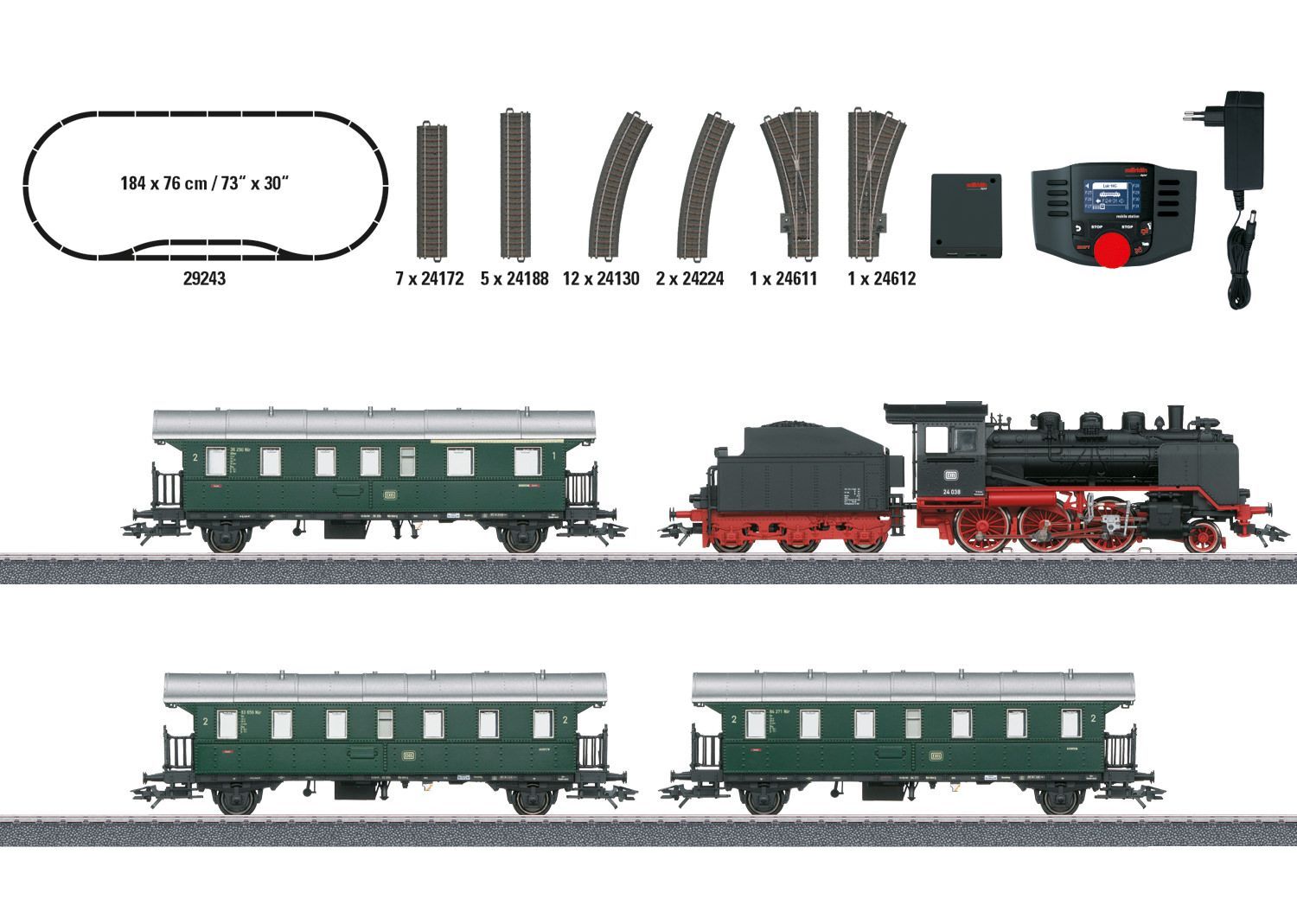 Märklin 29243 - Startpackung Nebenbahn Dampflok BR 24 DB Ep.III und 3 Wagen H0/WS Sound
