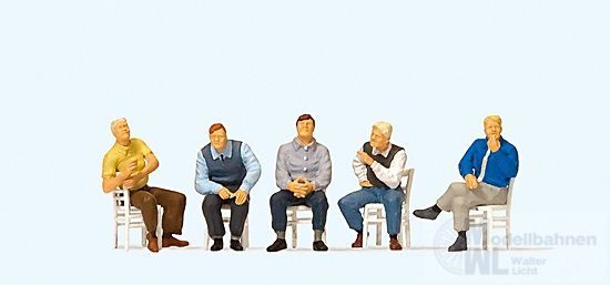 Preiser 10579 - Sitzende Männer, wartend mit Stühlen H0 1:87 Preiser 10579 - Sitzende Männer, wartend mit Stühlen H0 1:87