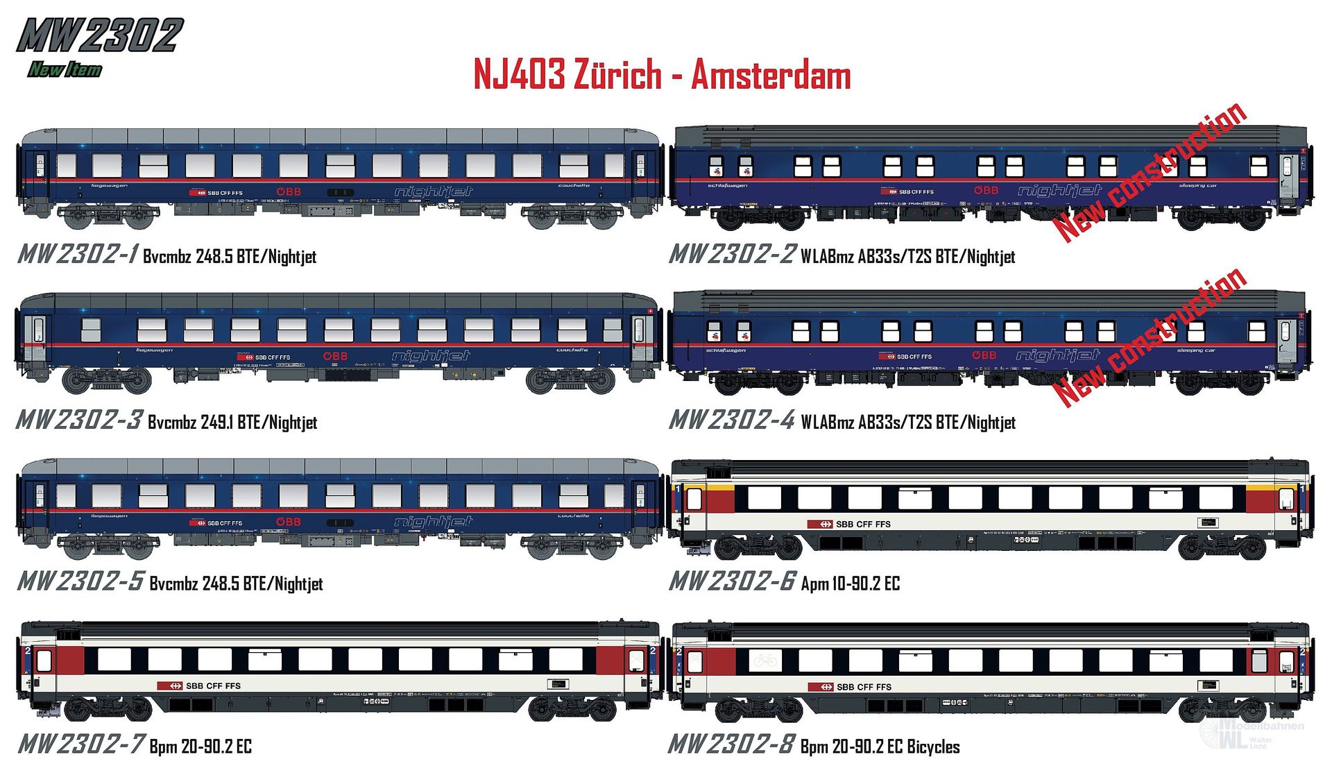LS Models MW2302AC - Nachtzugwagen Set ÖBB Nightjet Ep.VI NJ 403 8.tlg. H0/WS