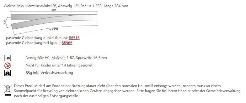 Tillig 85354 - Weiche links Herzstückwinkel 9° Länge 284 mm H0/GL