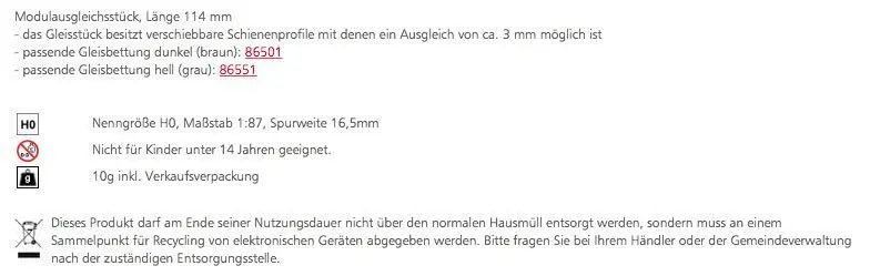 Tillig 85139 - Modulausgleichsstück Länge 114 mm H0/GL