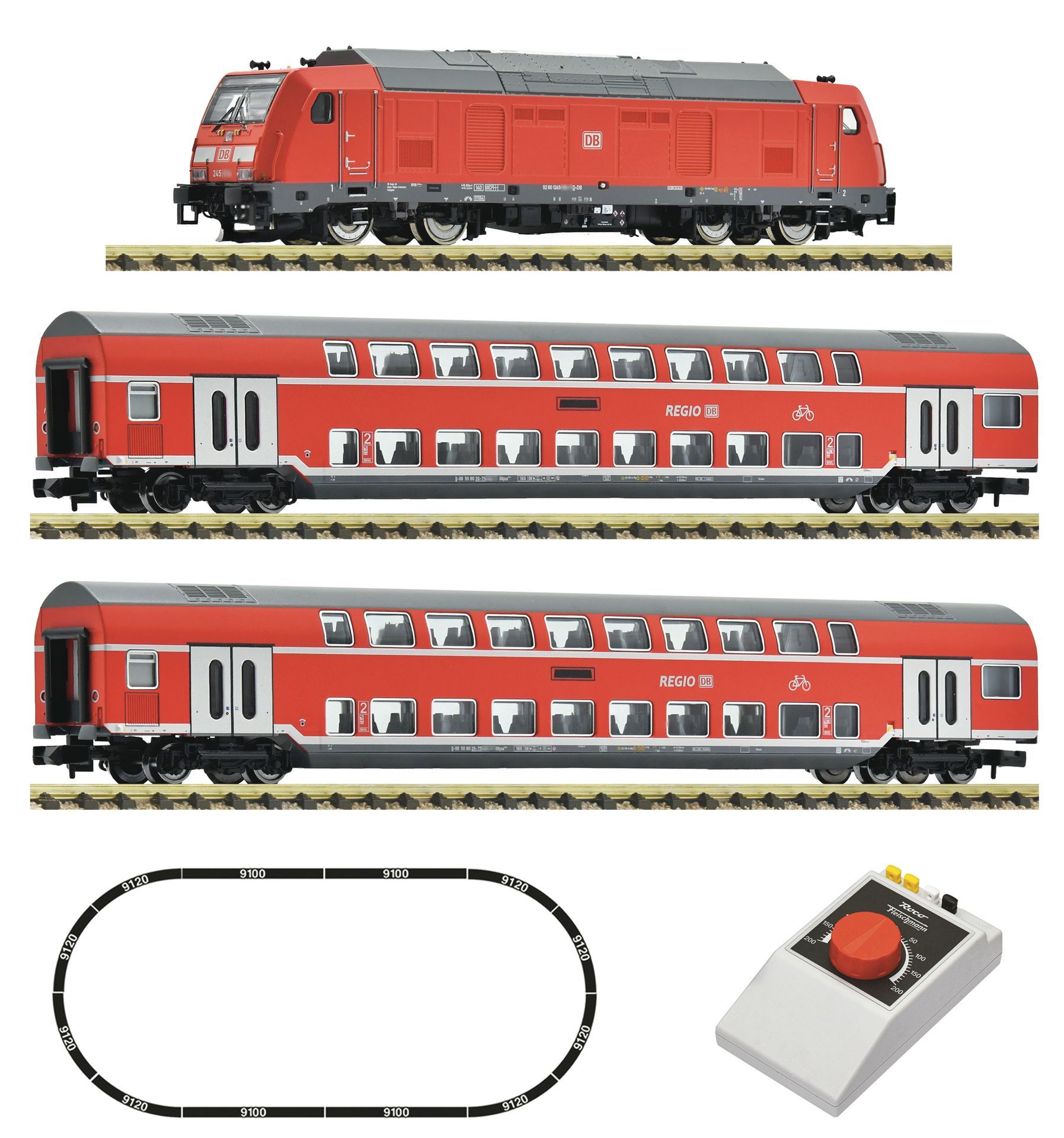 Fleischmann 5160006 - Startset Diesellok 245 DB Ep.VI und Doppelstockwagen Analog N 1:160