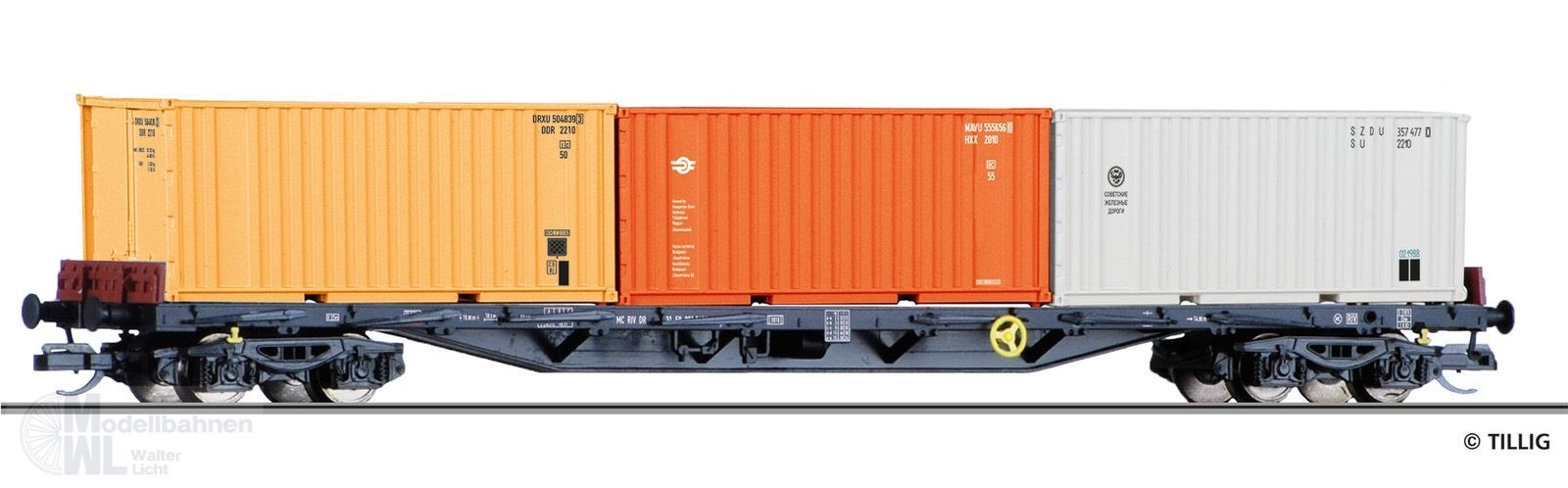 Tillig 18145 - Containertragwagen DR Ep.IV Rgs 3910 beladen mit drei 20‘ Containern TT 1