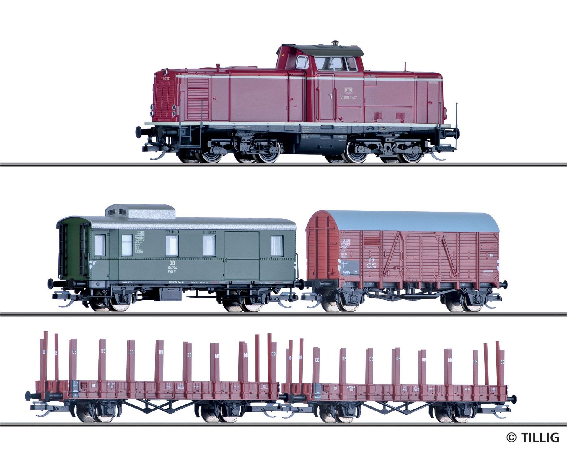 Tillig 01213 - Startset Diesellok V 100.10 mit Güterzug DB Ep.III TT 1:120 Digital