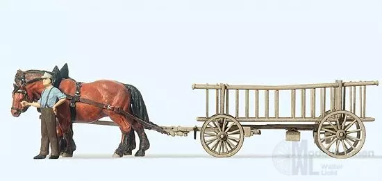 Preiser 30416 - Leiterwagen Bauer, 2 Pferde H0 1:87