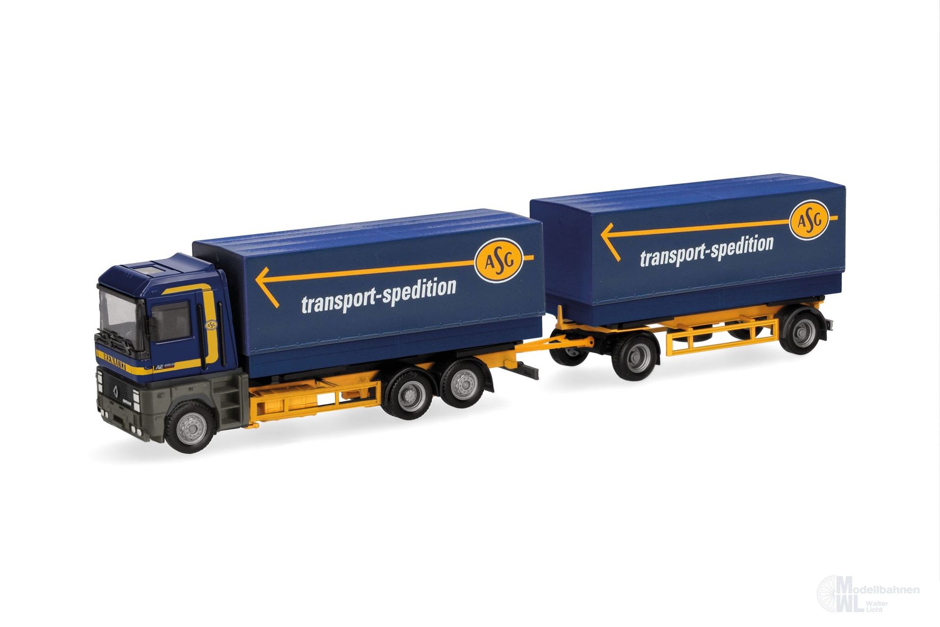 Herpa 320160 - Renault AE Wechselpritschen-Hängerzug ASG H0 1:87 Herpa 320160 - Renault AE Wechselpritschen-Hängerzug ASG H0 1:87