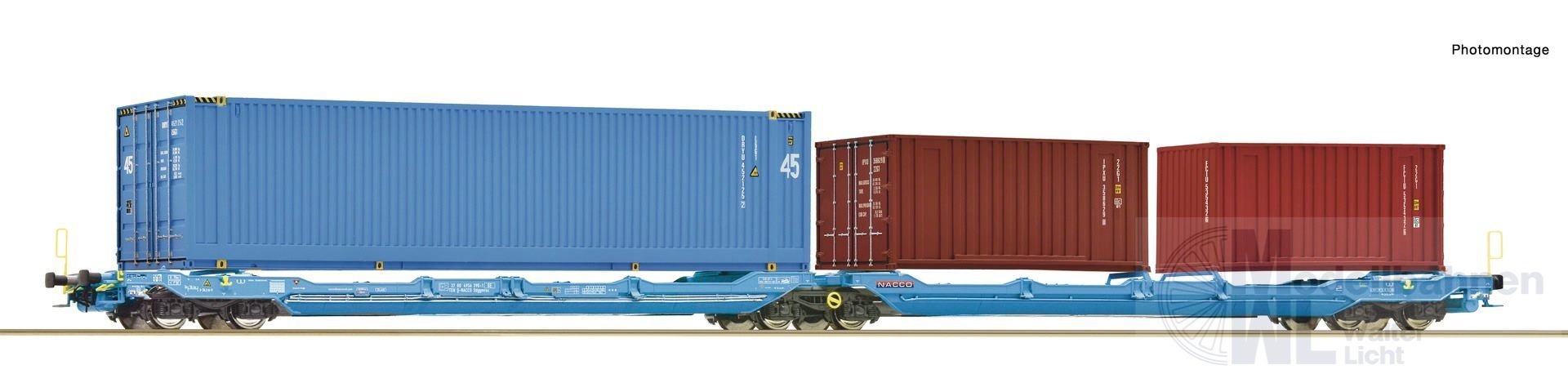 Roco 6600036 - Doppeltragwagen T3000e Nacco beladen mit Containern H0/GL Roco 6600036 - Doppeltragwagen T3000e Nacco beladen mit Containern H0/GL