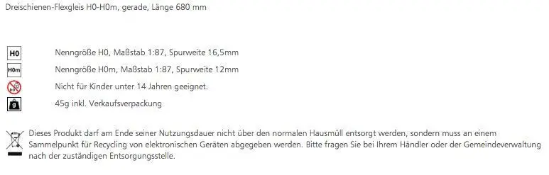 Tillig 85127 - Dreischienen-Flexgleis H0-H0m gerade Länge 680 mm