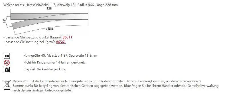 Tillig 85343 - Weiche rechts Herzstückwinkel 11° Länge 228 mm H0/GL