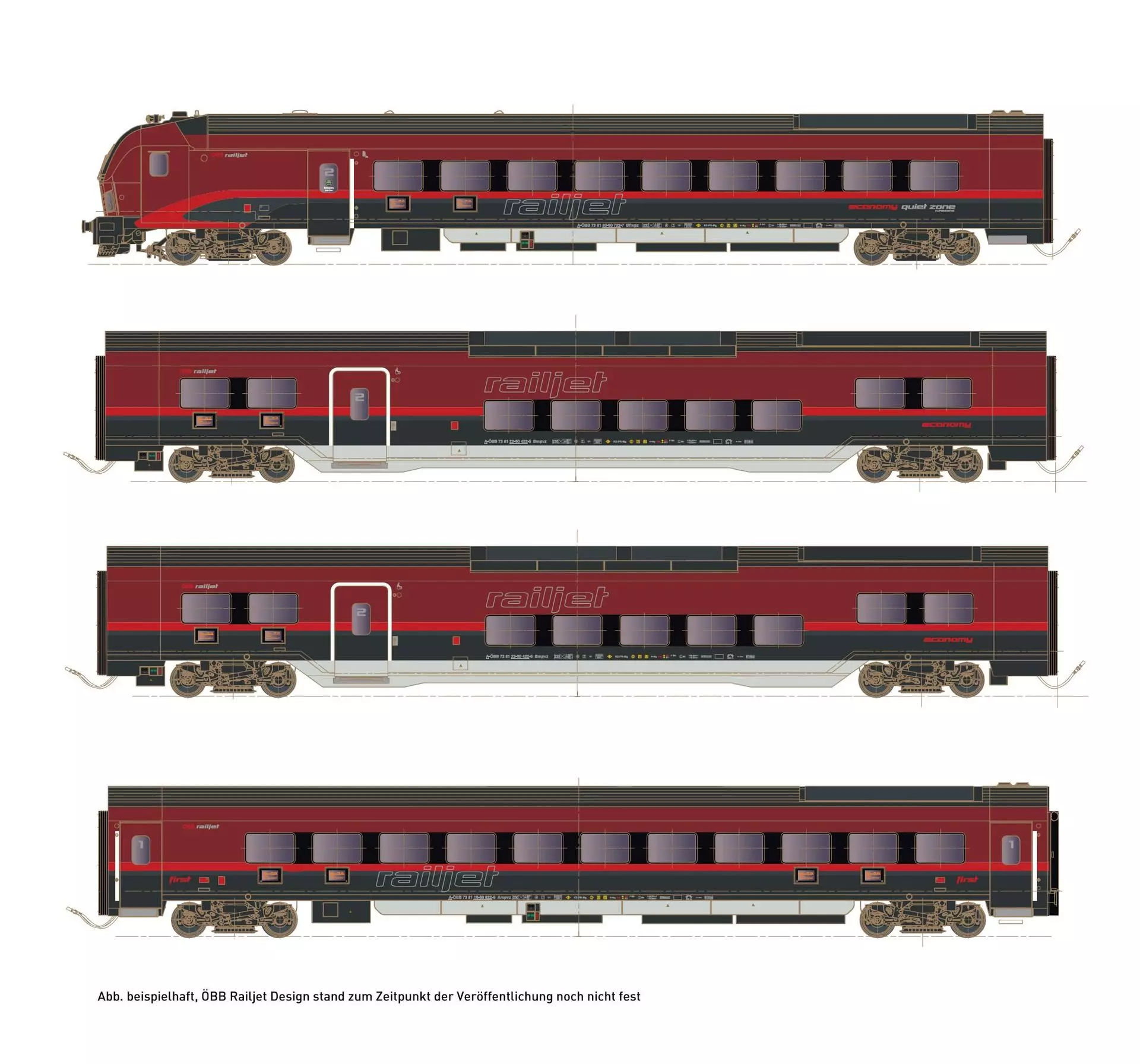 Hobbytrain 25401 - Railjet ÖBB Ep.VI DANI 4-tlg. Steuerwg. + Endwagen + 2x 2.Klasse N 1:160