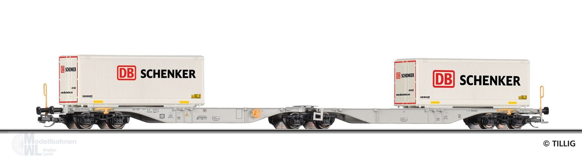 Tillig 18076 - Containertragwagen DB Ep.VI Sggmrs 747 Wechselbehältern DB Schenker TT 1:
