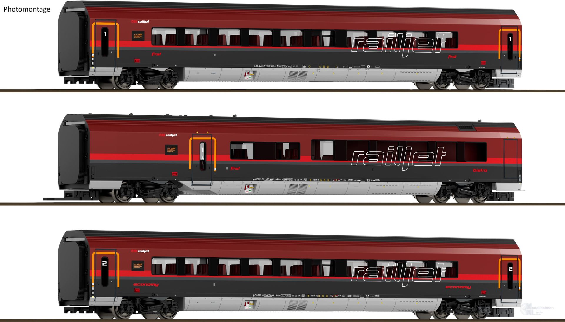 Saxonia Modellbau 120300 - Personenwagen Set Railjet ÖBB Ep.VI 3.tlg. TT 1:120