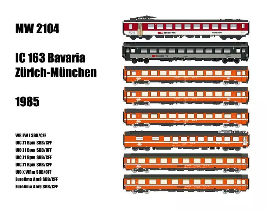 LS Models MW2104 - Personenwagen Set SBB Ep.V IC163 Bavaria ZU-MUC 1985 8.tlg. H0/GL