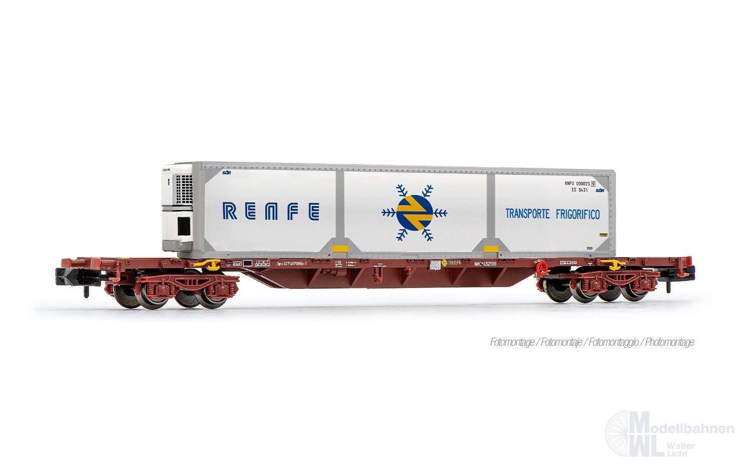 Arnold 6728 - Containertragwagen RENFE Ep.IV mit Kühl Wechselbehältern Version 1 N 1:16
