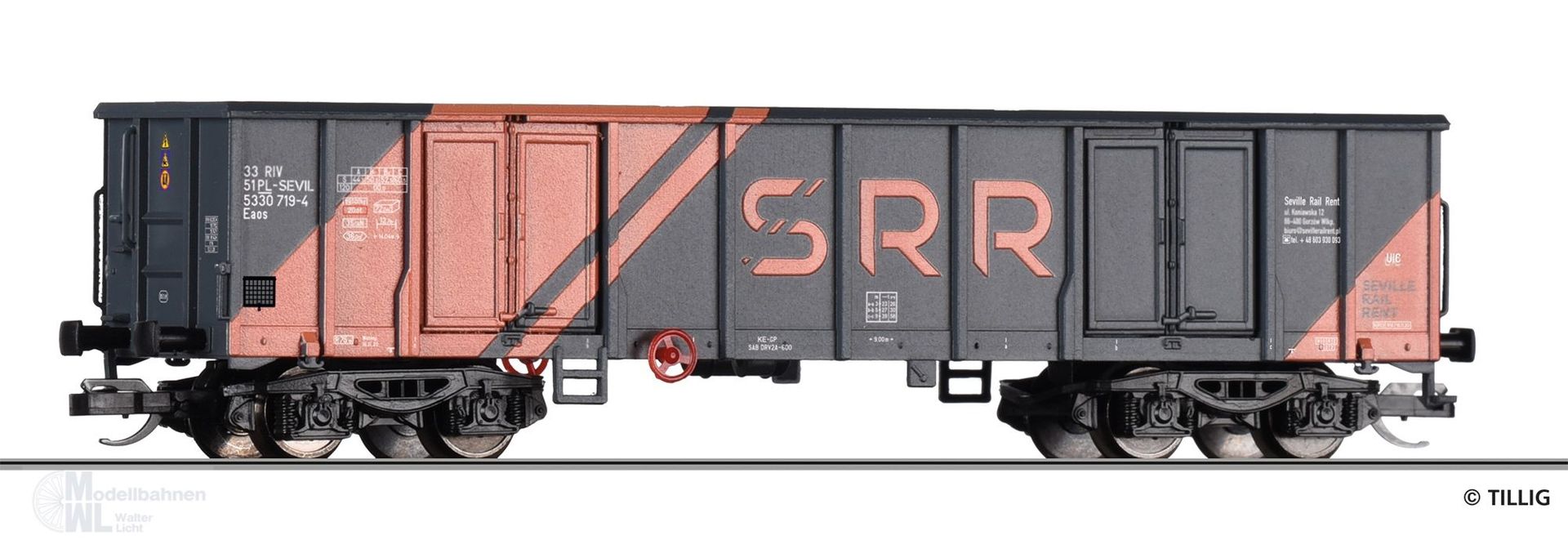 Tillig 18230 - Güterwagen offen Eaos Seville Rail Rent (PL) Ep.VI TT 1:120