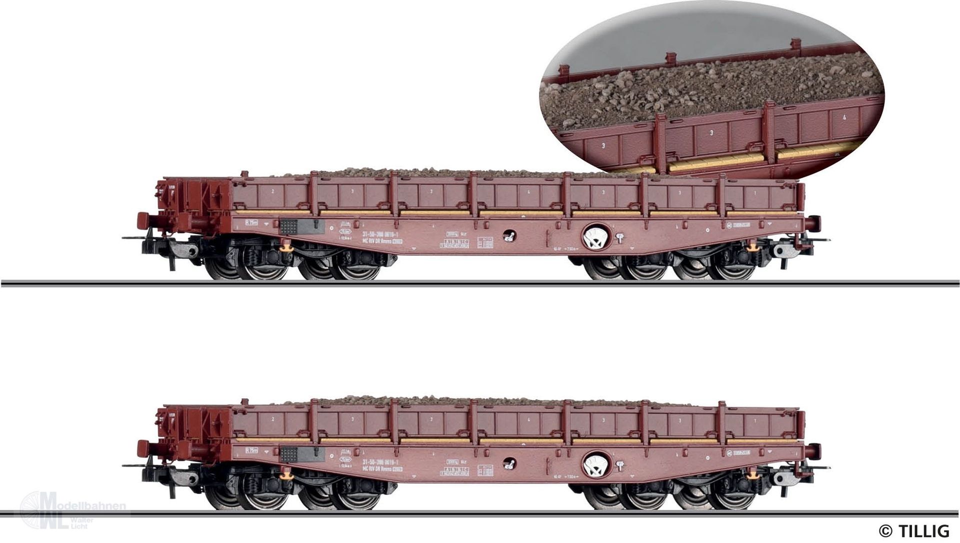 Tillig 70070 - Schwerlastwagen Set DR Ep.IV 2.tlg. Rmms 3960 bel Gleisbau-Abraum H0/GL Tillig 70070 - Schwerlastwagen Set DR Ep.IV 2.tlg. Rmms 3960 bel Gleisbau-Abraum H0/GL