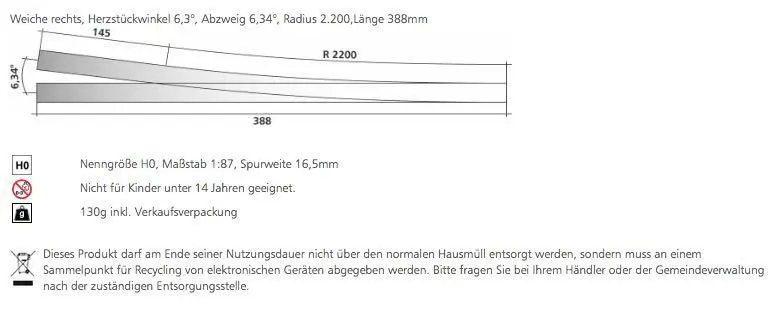 Tillig 85346 - Weiche rechts Herzstückwinkel 63° Länge 388mm H0/GL