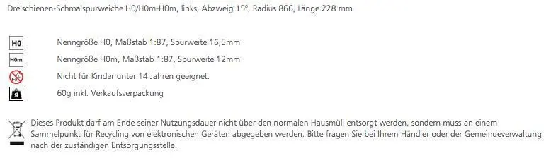 Tillig 85194 - Dreischienen-Schmalspurweiche H0/H0m-H0m links Länge 228 mm
