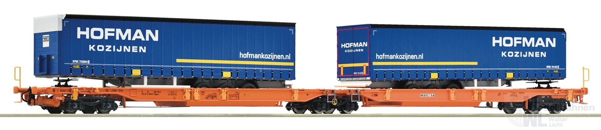 Roco 6600072 - Doppeltragwagen Wascosa Ep.VI mit 2 LKW Aufliegern Hofmann H0/GL Roco 6600072 - Doppeltragwagen Wascosa Ep.VI mit 2 LKW Aufliegern Hofmann H0/GL