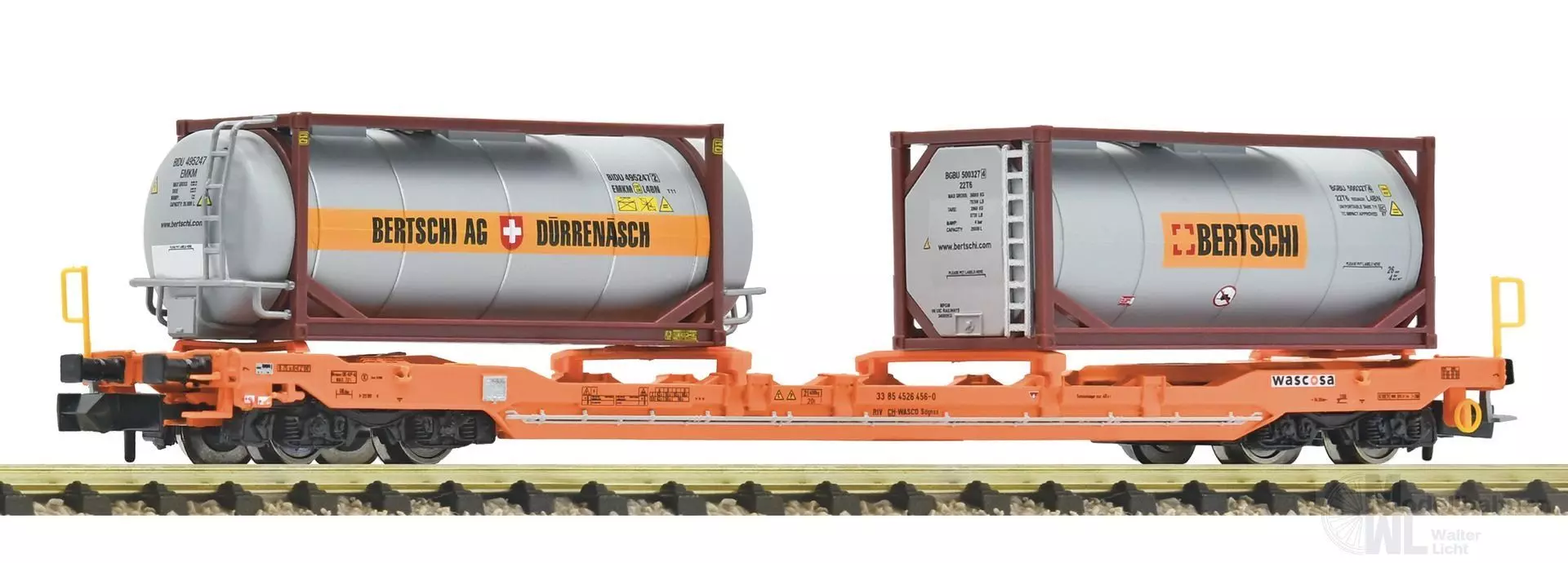 Fleischmann 660136 - Taschenwagen Wascosa Ep.VI beladen mit 2 Bertschi Containern N 1:160