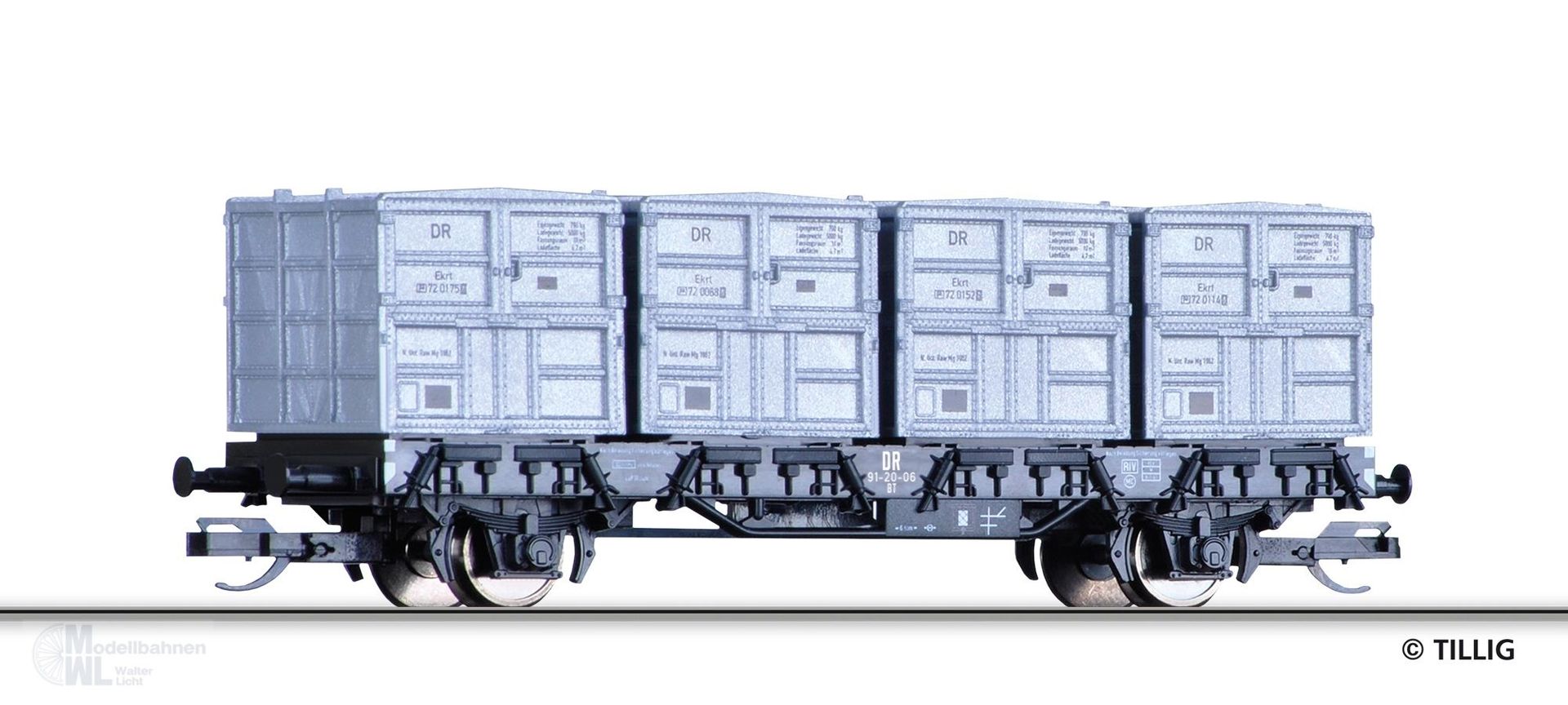 Tillig 14913 - Behältertragwagen DR Ep.III BT beladen mit vier Haus-zu-Haus Behältern TT