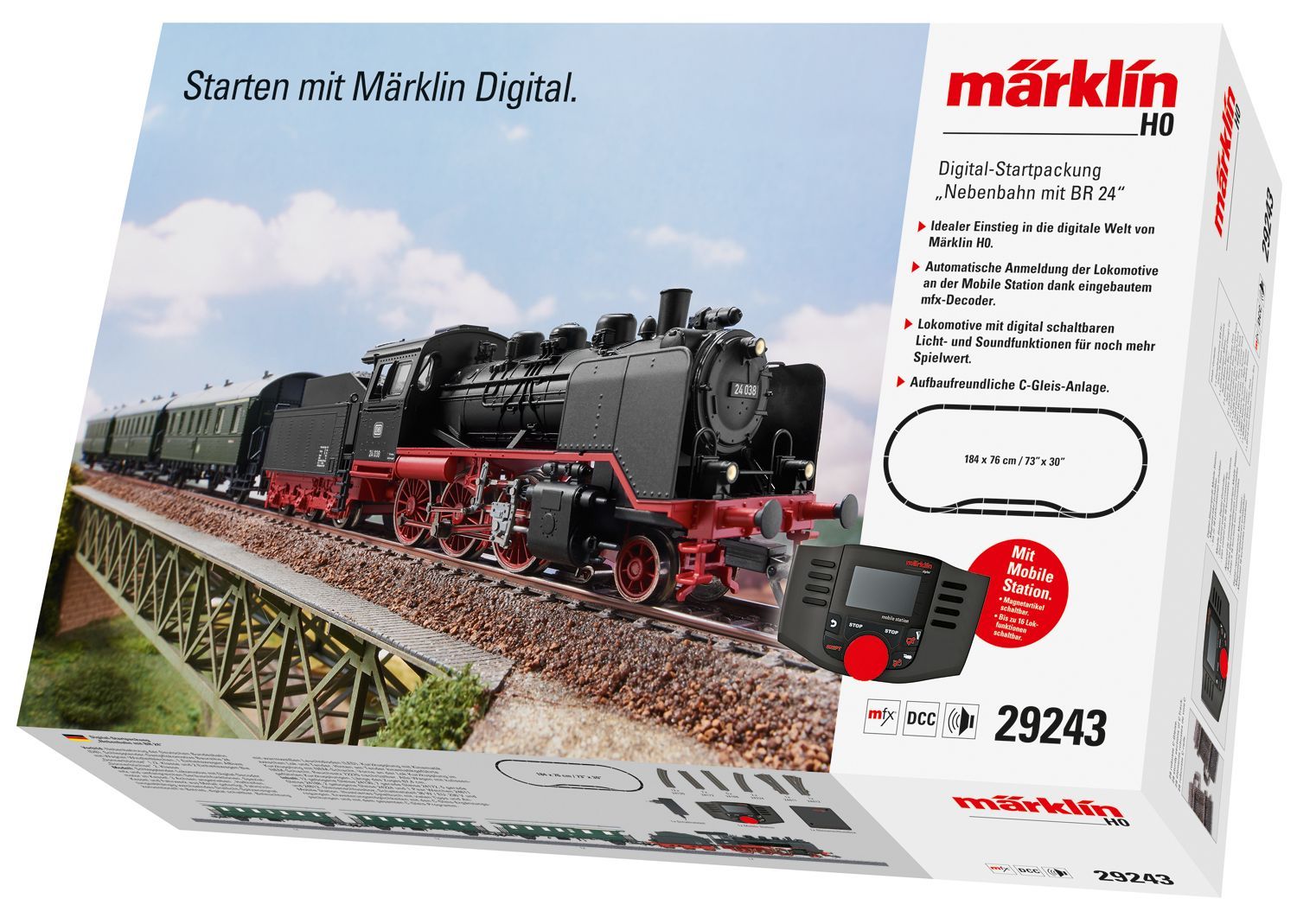 Märklin 29243 - Startpackung Nebenbahn Dampflok BR 24 DB Ep.III und 3 Wagen H0/WS Sound