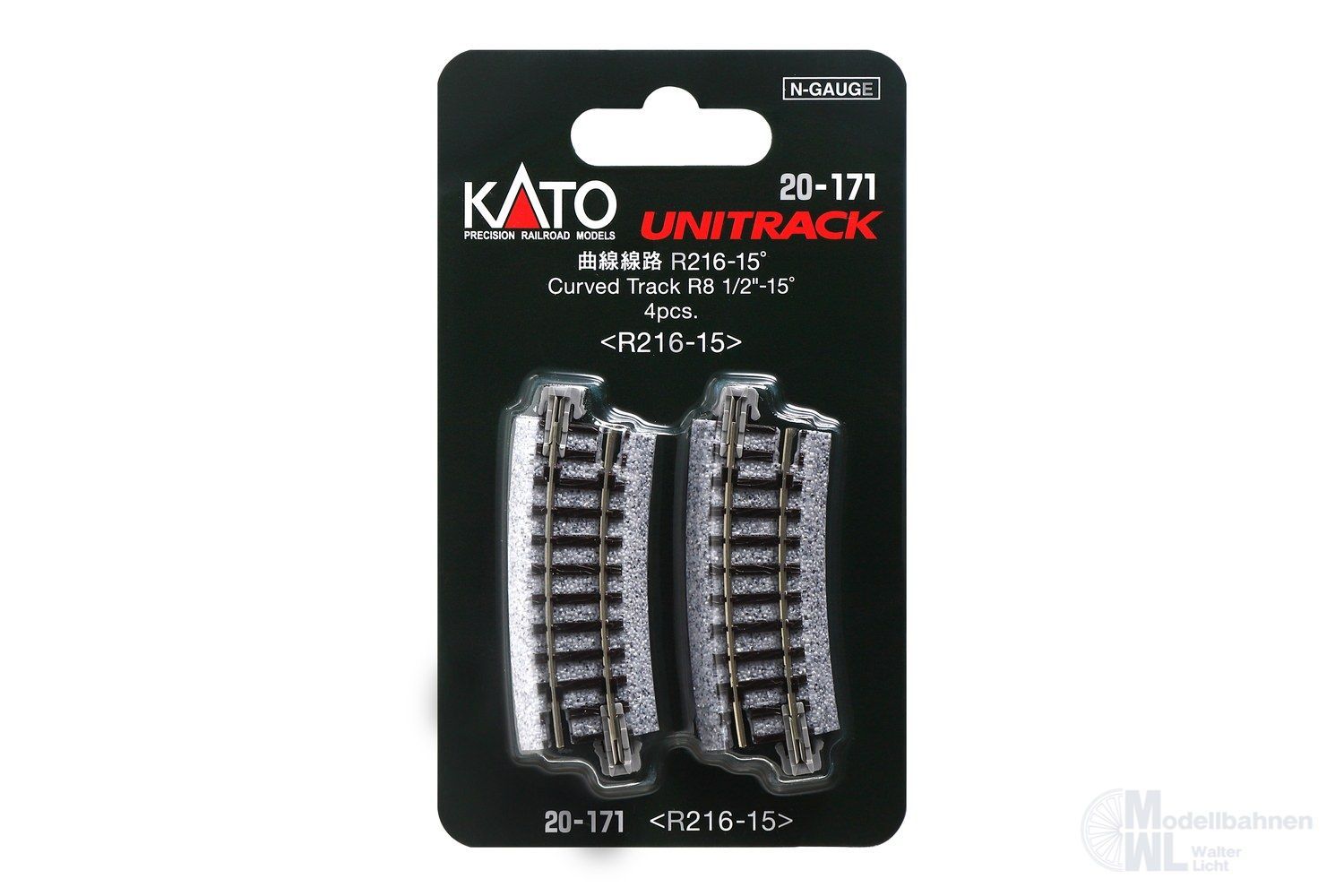 Kato 20-171 - Gleis gebogen R216mm 15° 4 Stück N 1:160 Kato 20-171 - Gleis gebogen R216mm 15° 4 Stück N 1:160