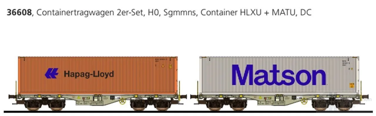 ESU 36608 - Containertragwagen Set D-AAEC Ep.VI Container Hapag-Lloyd/Matson H0/GL