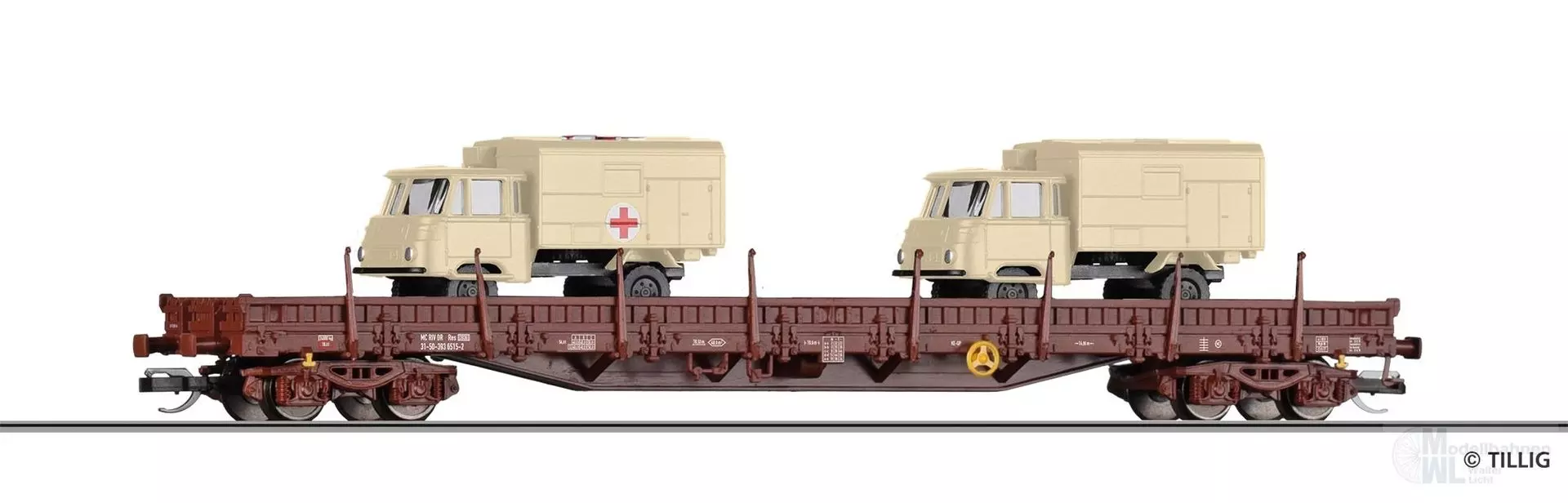 Tillig 18146 - Niederbordwagen DR Ep.IV Res 3936 beladen mit 2 Robur 1801 TT 1:120