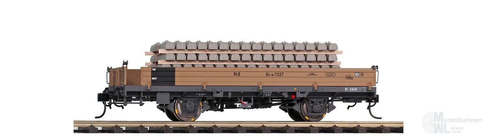 Bemo 9463101 - Niederbordwagen RhB Ep.IV/V Kk-w 7371 beladen mit Betonschwellen 0m
