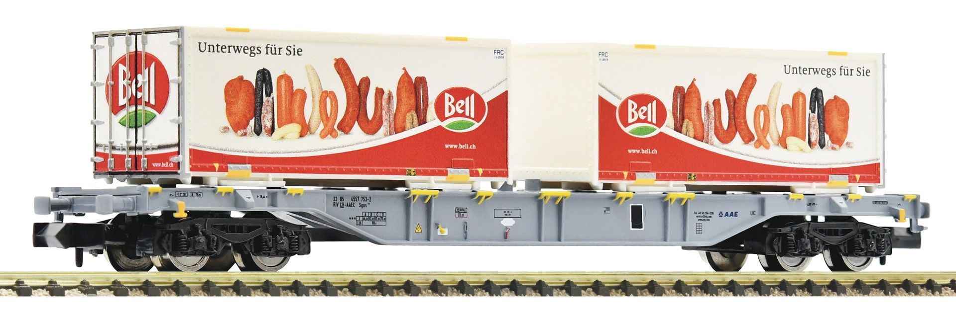 Fleischmann 865243 - Containertragwagen AAE Ep.VI 2 Wechselbehälter Bell N 1:160