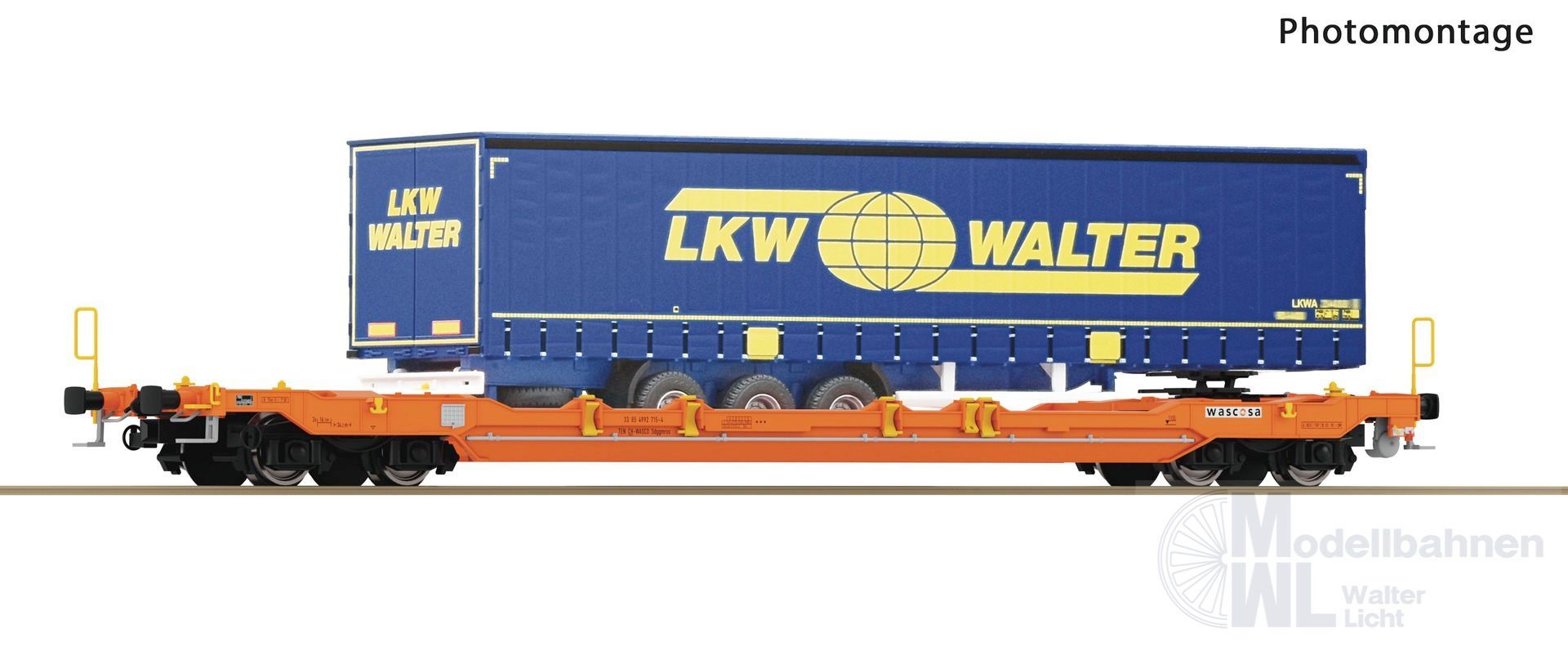 Roco 6600063 - Taschenwagen T5 Wascosa Ep.Vi beladen mit Auflieger LKW Walter H0/GL