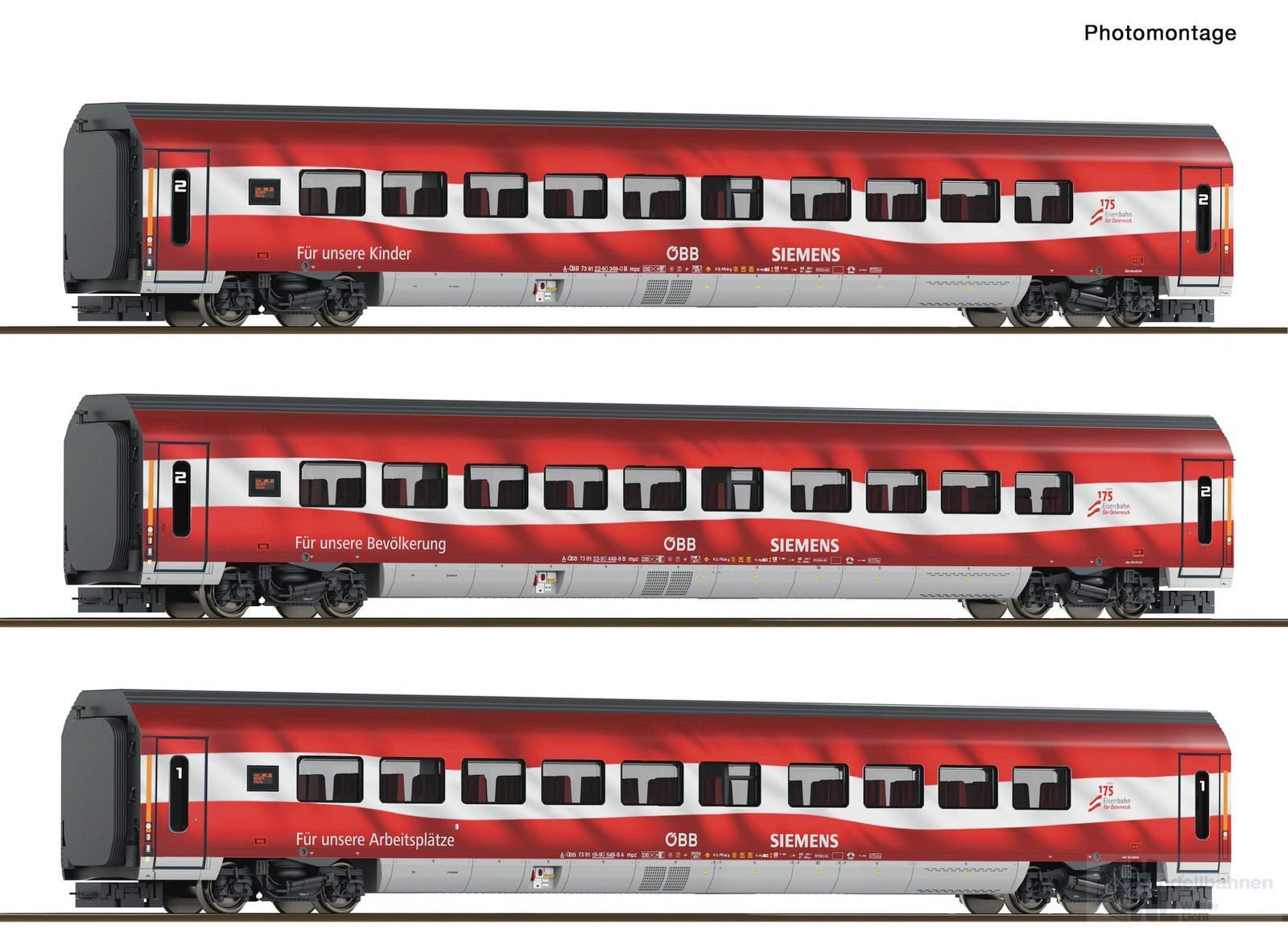 Roco 6280097 - Personenwagen Set Railjet ÖBB Ep.VI 3.tlg. 175 Jahre TT 1:120