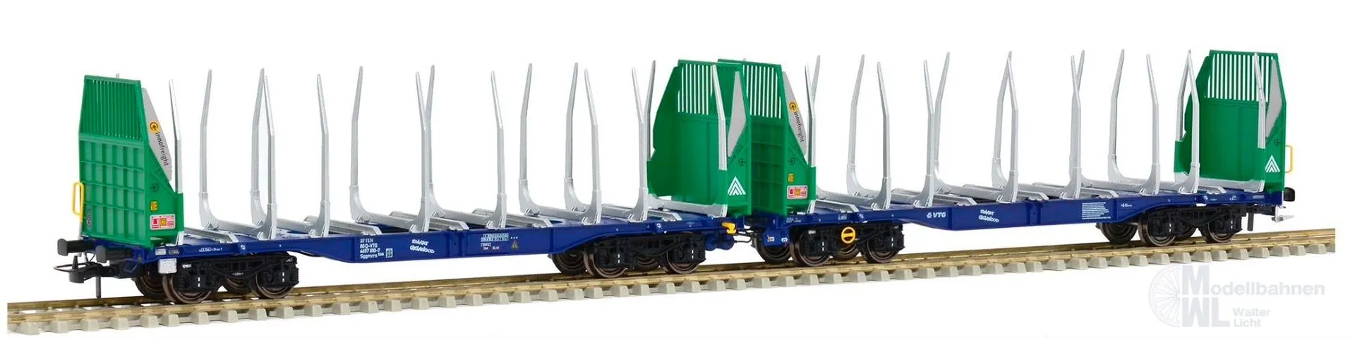 Sudexpress S657010 - Rungenwagen Einheit Innofreight VTG Ep.VI Smart GigaWood grün/blau H0/GL