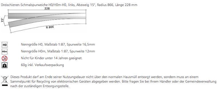 Tillig 85198 - Dreischienen-Schmalspurweiche H0/H0m-H0 links Länge 228 mm